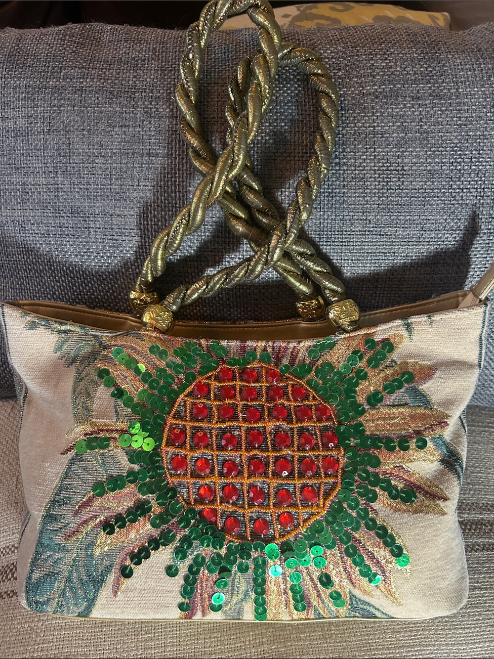 Transetter Hand-Embroidered Sequin Tote Bag with Gold Rope Handles